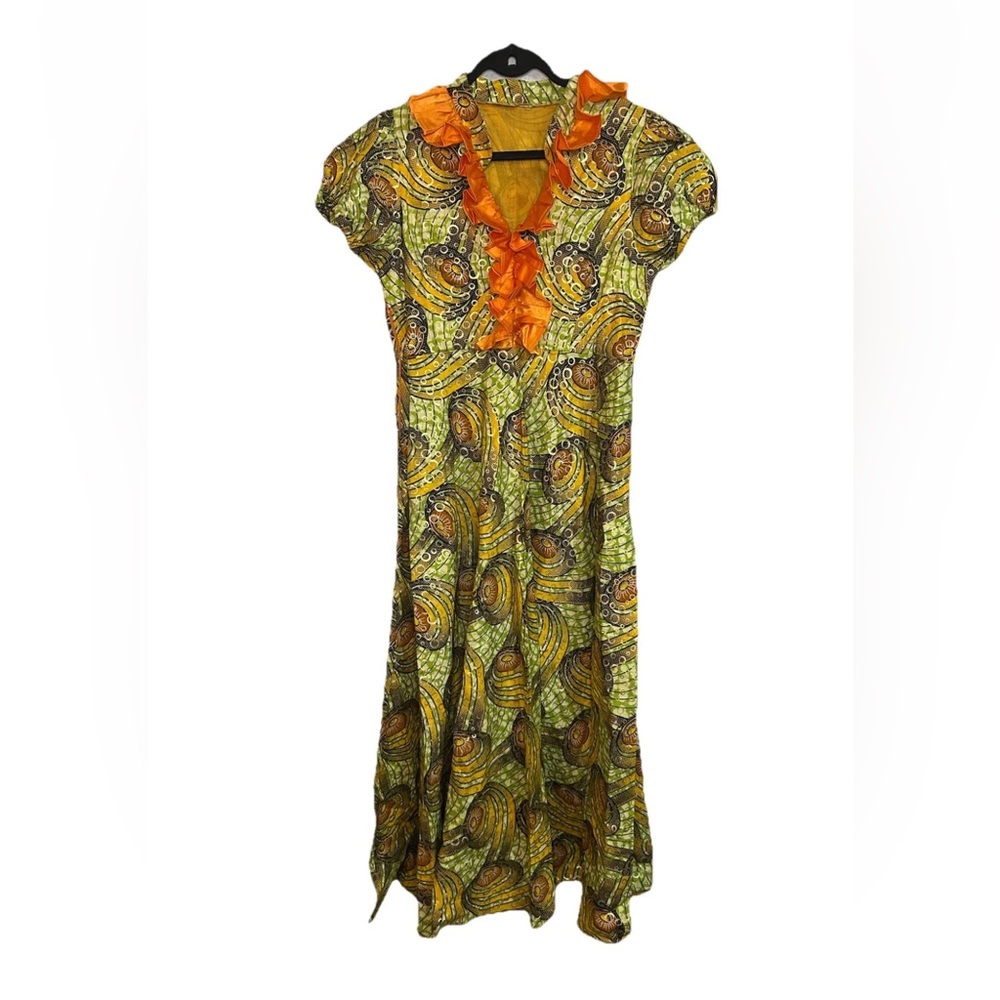 VTG Handmade African Print Maxi Dress Ruffle Puff Sleeve Boho Festival S/M - Picture 2 of 14
